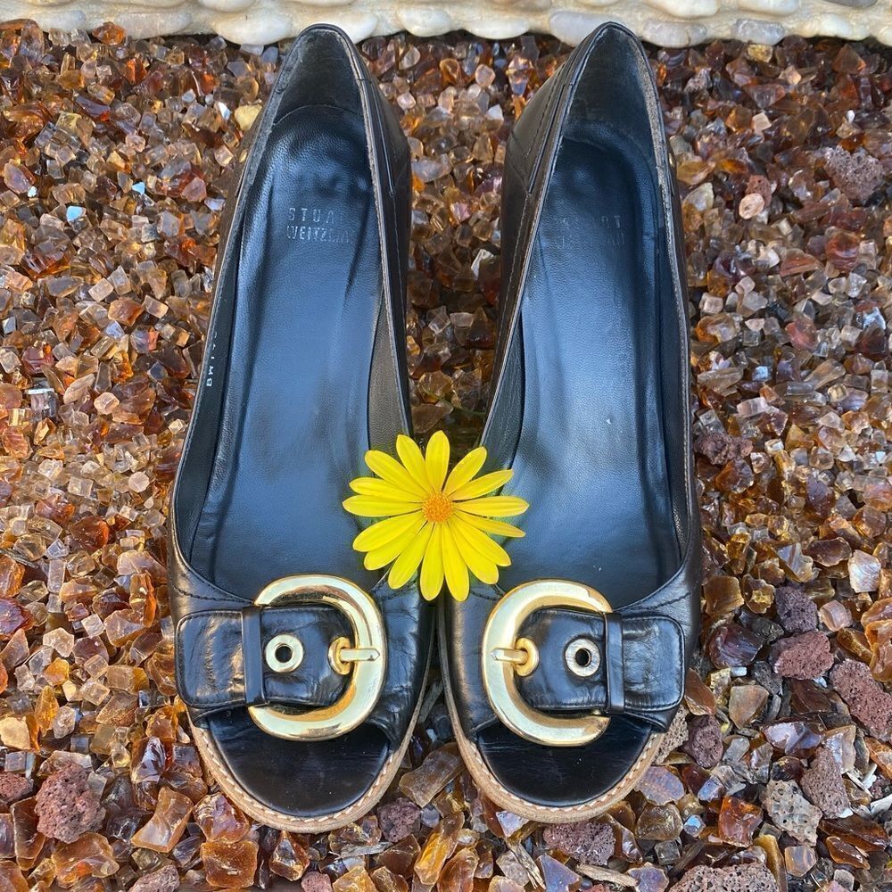 Stuart Weitzman Black Open Toe Buckle Shoes/Mules Block Heel Sandals. Size 7.5